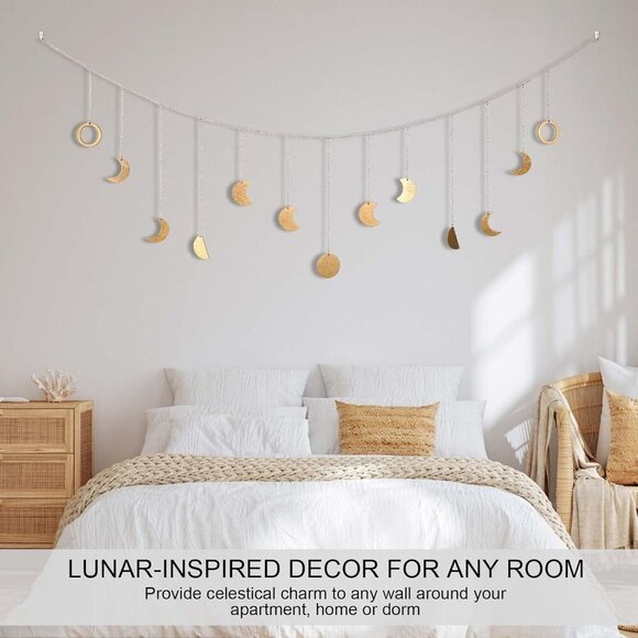 Moon Phase Wall Decor with LED String Light, 13 Gold Wood Boho Wall Hanging Deco - Picture 5 of 7